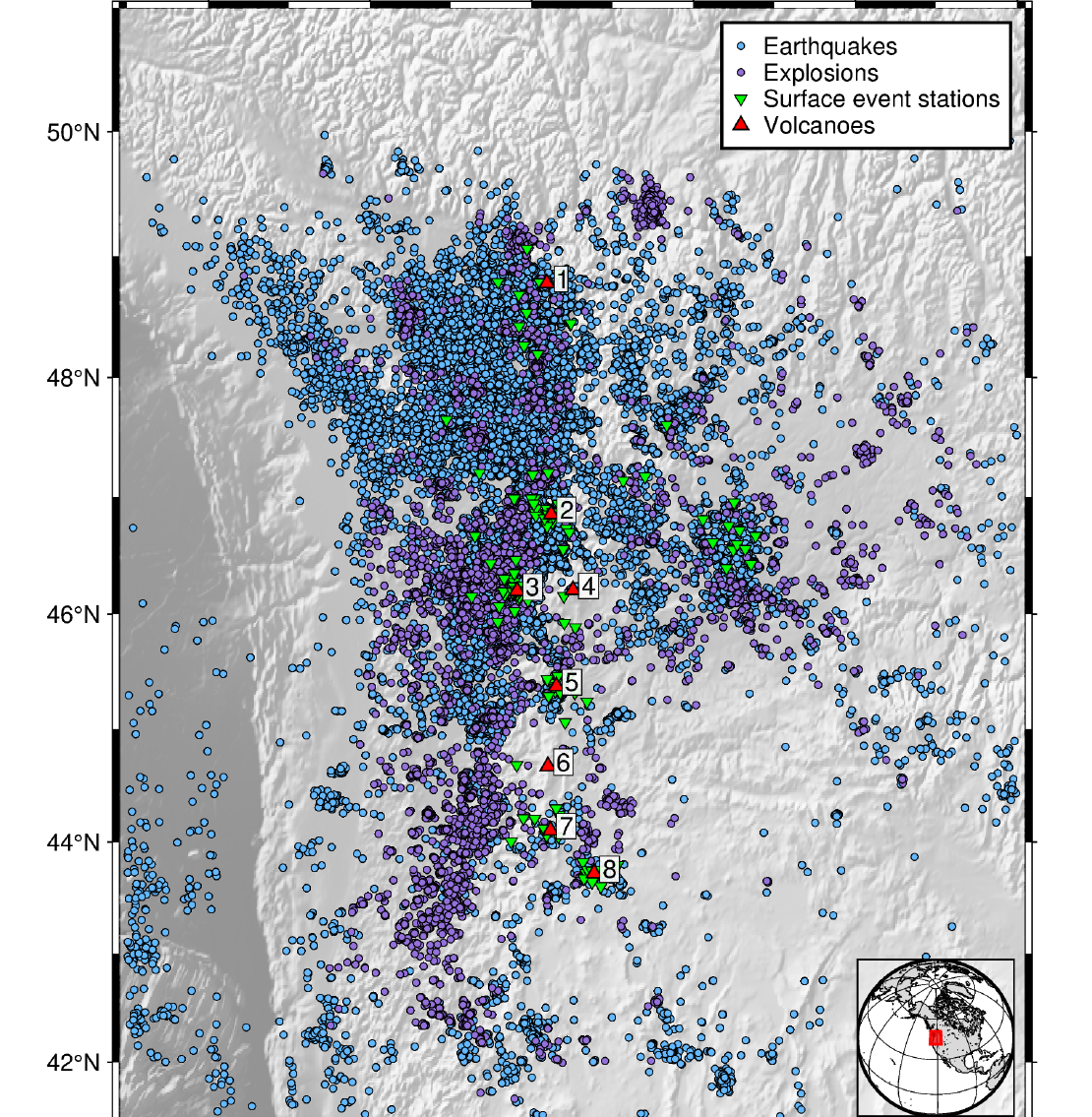 Pacific Northwest map of earthquakes, explosions, surface event stations, and Cascade volcanoes.