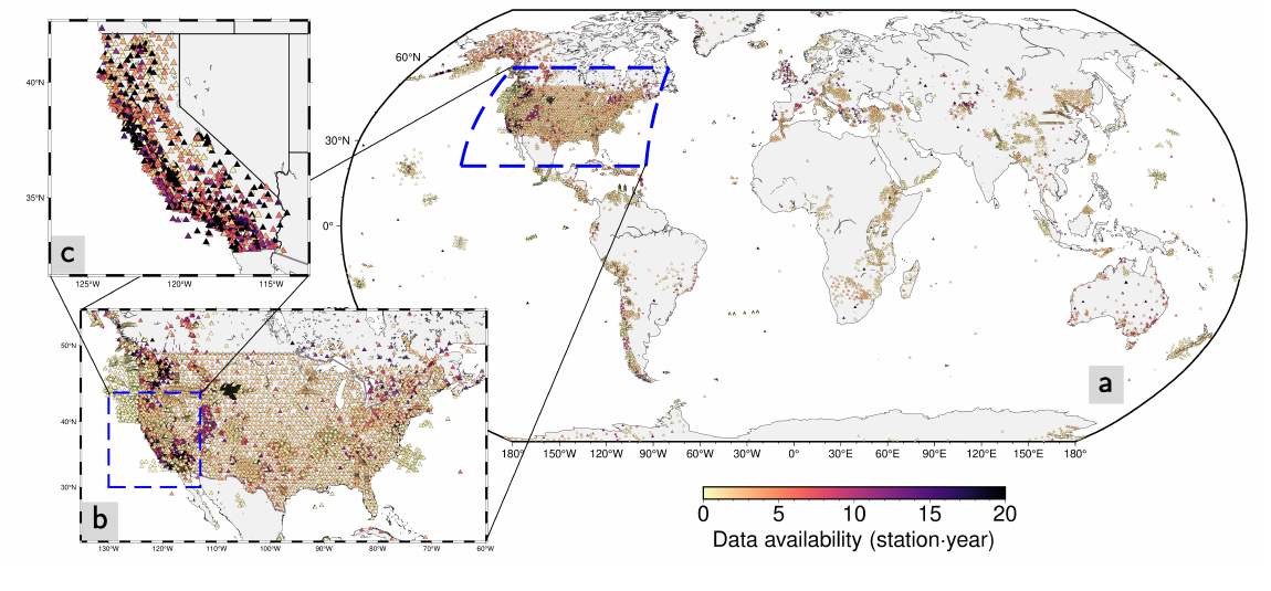 World map and United States insets showing seismic station data availability in station-years.